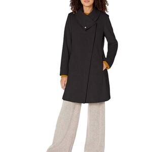 Kenneth Cole Size Small Black Asymmetrical Classic Melton Wool Blend Coat J8-3